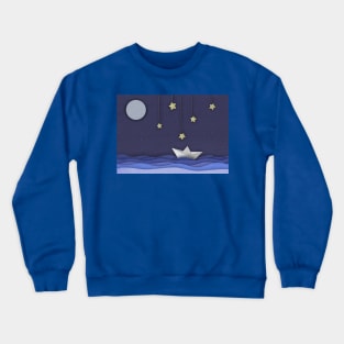 Paper boat night scene Crewneck Sweatshirt